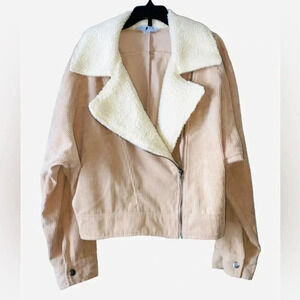 Light Corduroy Beige Cropped Faux Fur Jacket Size M, long-sleeves